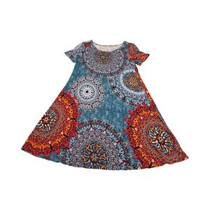 POPYOUNG Medium Mandala Print T-Shirt Dress Teal Orange Boho whimsy Swing Mini